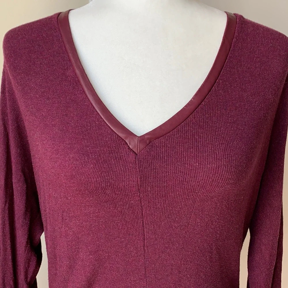 Burgundy Bordeaux Sweater with Bat Wings & Leather Vneck Detail S Anthro… - Picture 4 of 6